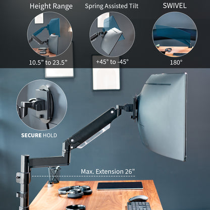 Sturdy adjustable pneumatic arm single ultrawide monitor ergonomic desk mount with USB ports for office workstation.