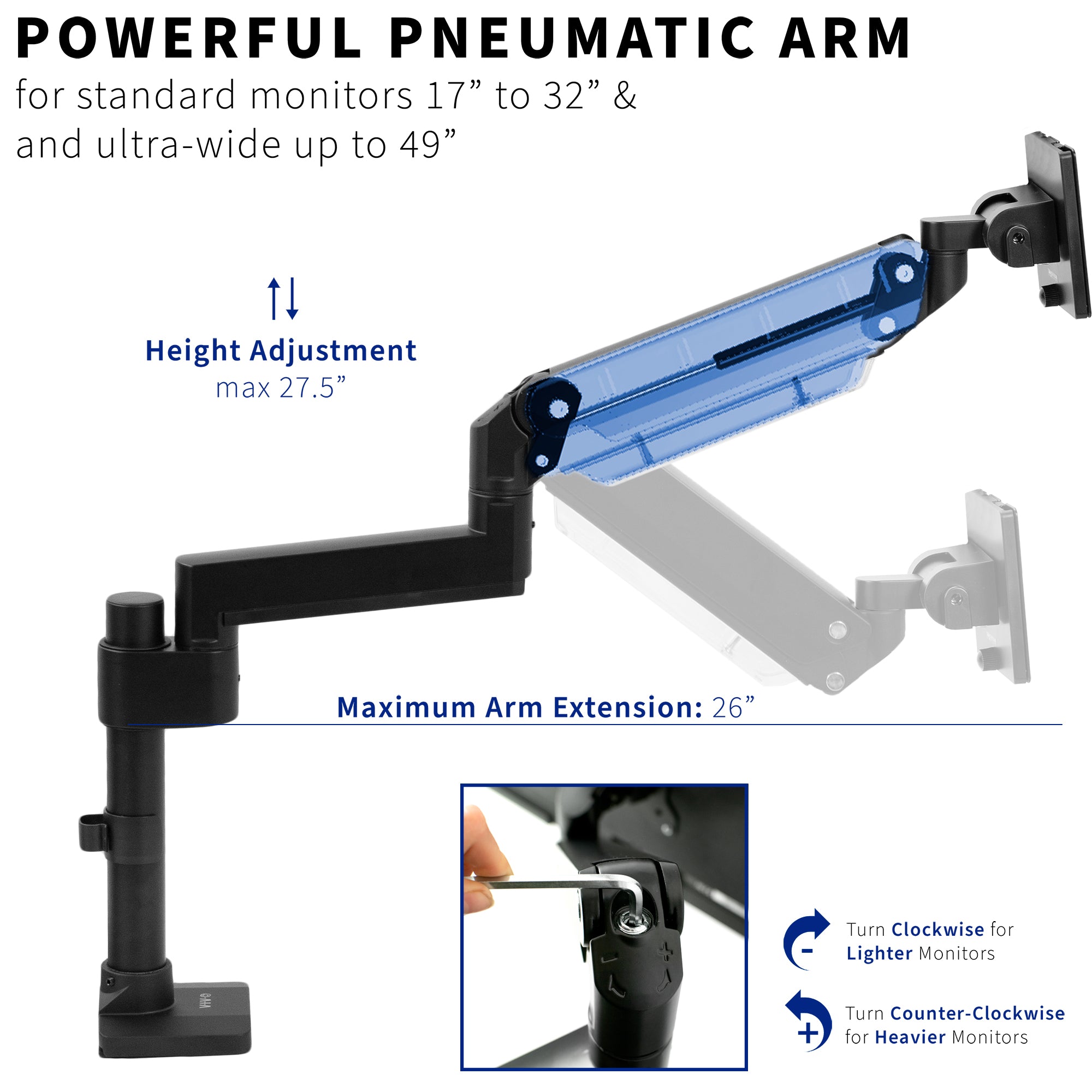 Powerful pneumatic arm with height adjustment and arm extension