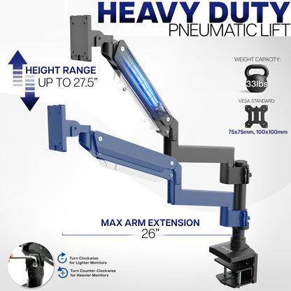 Heavy-duty pneumatic lift arm with specifications on a white background