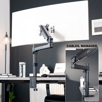 Sturdy adjustable pneumatic arm single monitor ergonomic desk mount for office workstation.