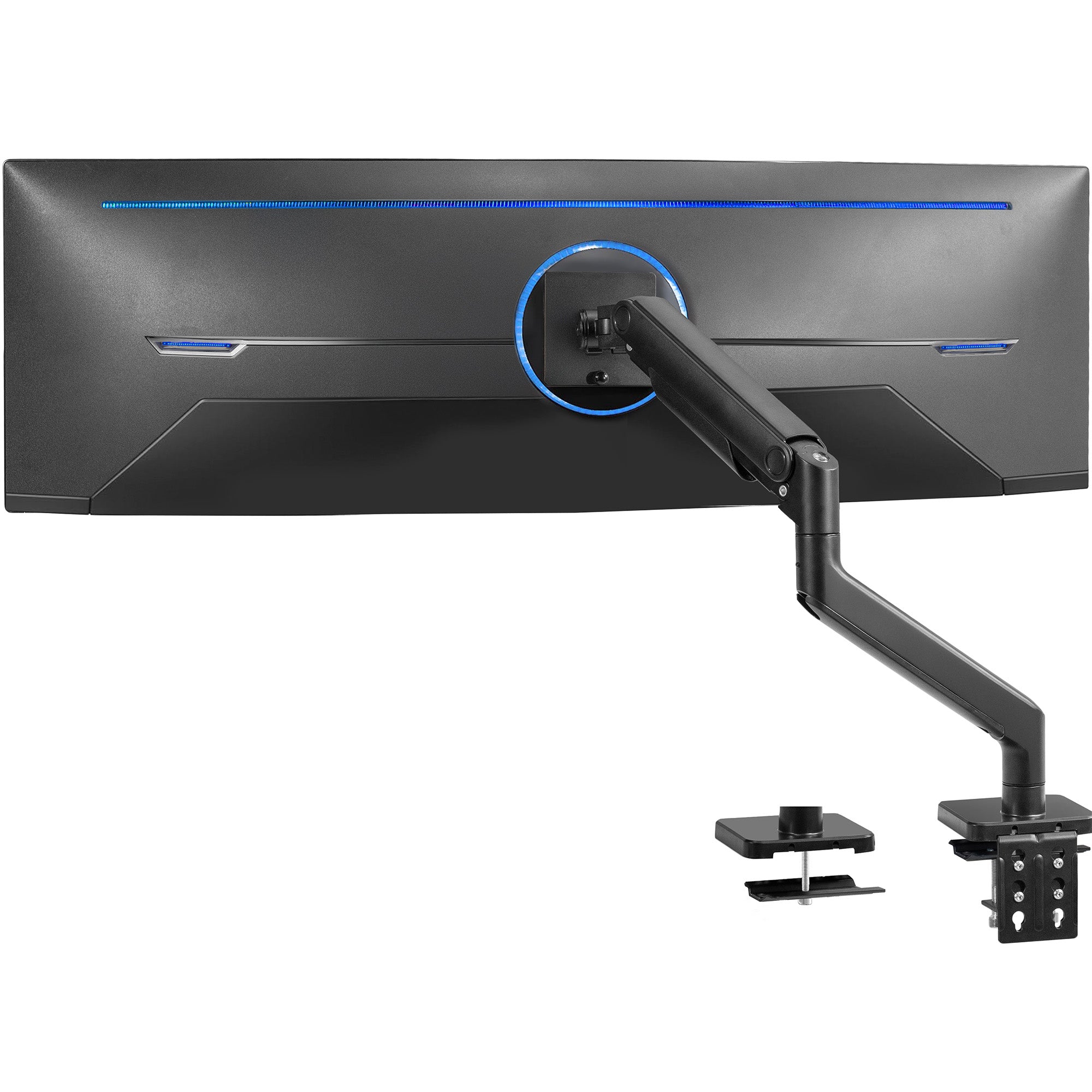 A single ultrawide computer monitor attached to a pneumatic arm desk mount, with the monitor angled towards the camera, against a white background.
