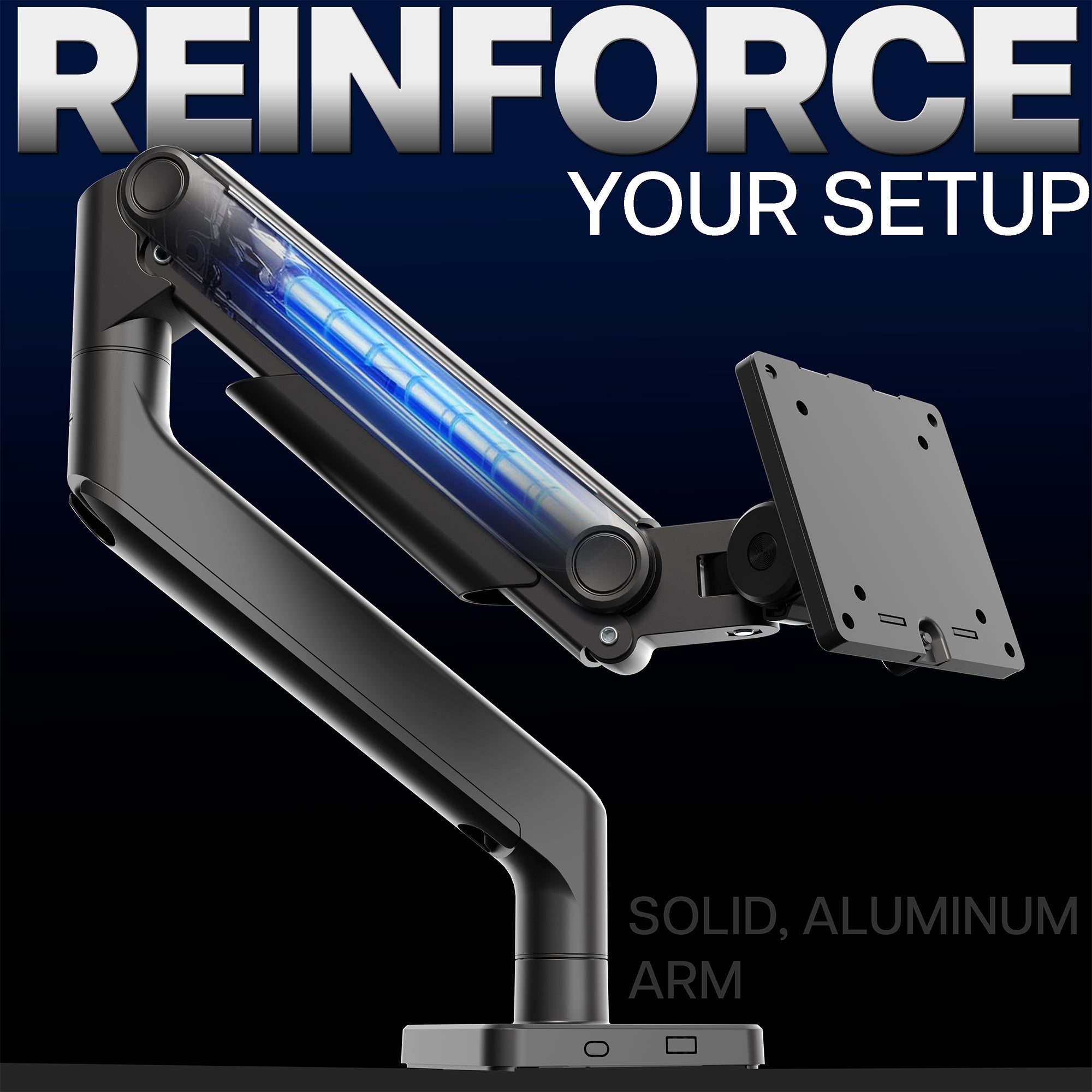 Computer monitor stand with blue light on a black background, featuring the text 'Reinforce Your Setup'.
