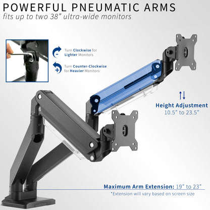 Adjustable pneumatic dual monitor desk mount for ultrawide monitors.