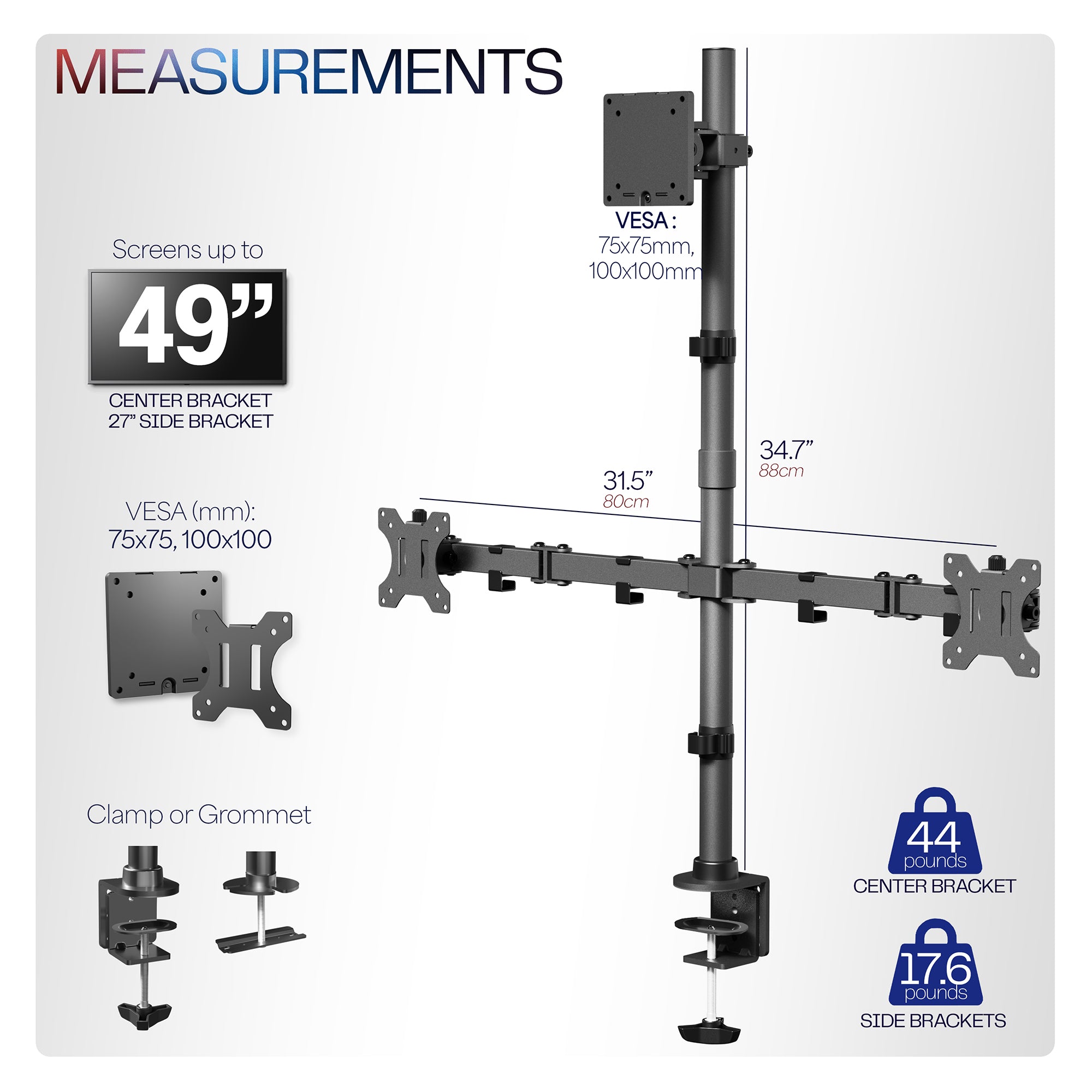 Triple Monitor Desk Mount (1 Ultrawide + 2 Standard) - Up to 49" Screens