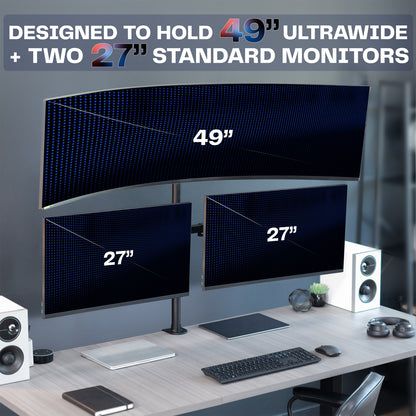 Triple Monitor Desk Mount (1 Ultrawide + 2 Standard) - Up to 49" Screens