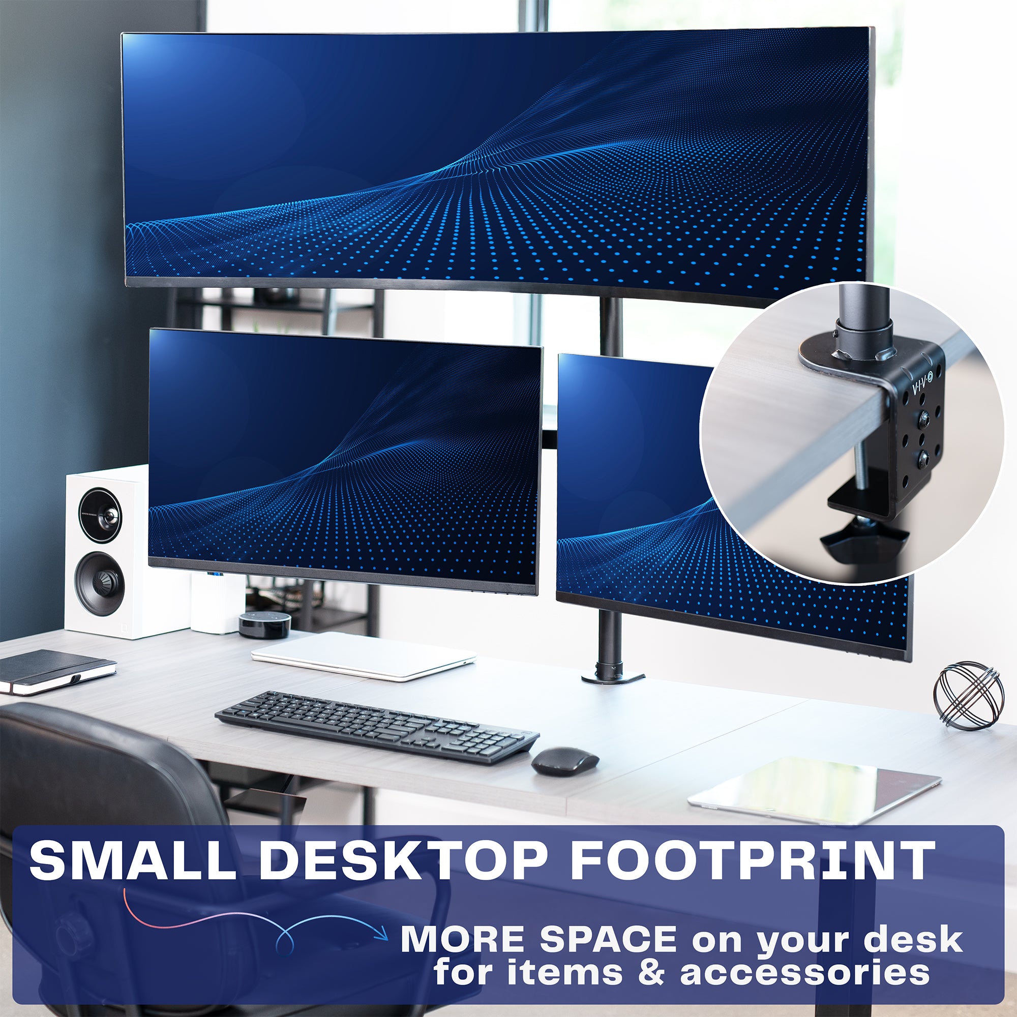 Triple Monitor Desk Mount (1 Ultrawide + 2 Standard) - Up to 49" Screens