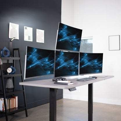 Quad monitor desk mount gives user multiple screens on one stand to multitask and have more viewing flexibility.