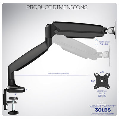 Single ultrawide monitor desk mount arm with a black finish with text displaying product dimensions. 