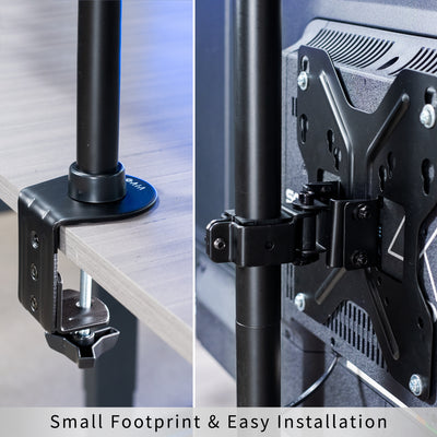 Sturdy wide screen TV desk mount with height adjustment and articulation.