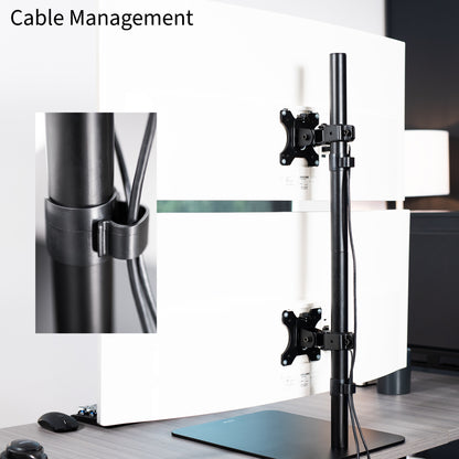 Dual Ultrawide Vertical Monitor Desk Stand elevates 2 large monitors in a vertically stacked array for comfortable viewing angles and efficient use of desk space. The freestanding base provides excellent support with no need to drill or clamp into your desktop.