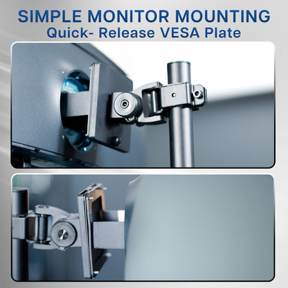 Dual Ultrawide Vertical Monitor Desk Stand elevates 2 large monitors in a vertically stacked array for comfortable viewing angles and efficient use of desk space. The freestanding base provides excellent support with no need to drill or clamp into your desktop.