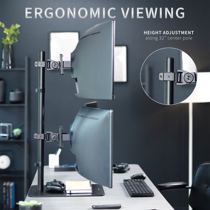 Dual Ultrawide Vertical Monitor Desk Stand elevates 2 large monitors in a vertically stacked array for comfortable viewing angles and efficient use of desk space. The freestanding base provides excellent support with no need to drill or clamp into your desktop.