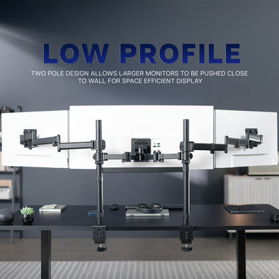 Low profile monitor stand with dual pole design on a desk, with text indicating space efficiency.