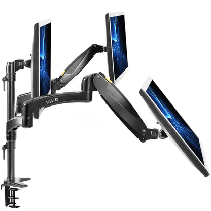 Triple Monitor Height Adjustable Desk Mount, 2 Pneumatic Arms, 1 Fixed, Counterbalance Stand