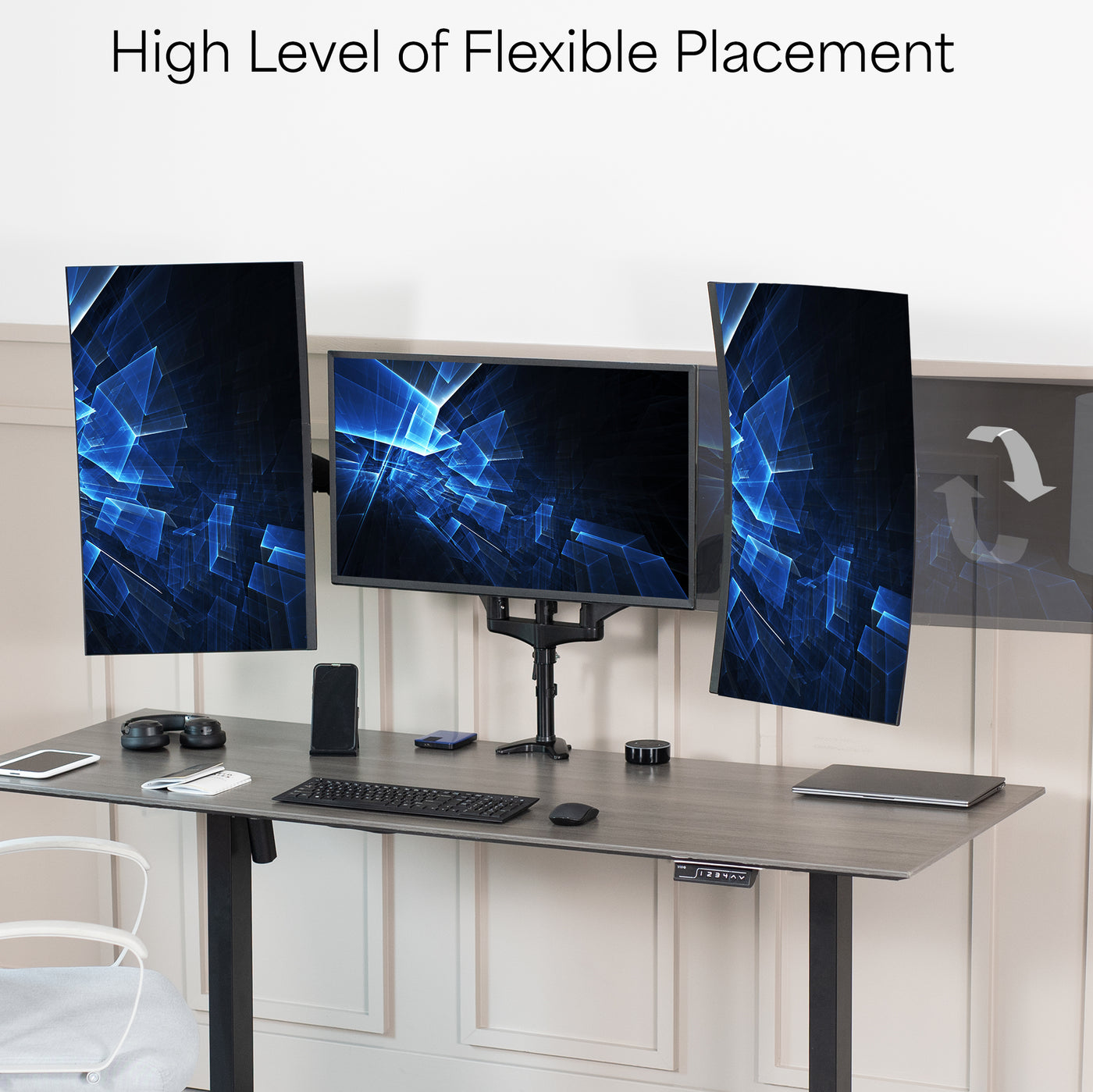Triple Monitor Height Adjustable Desk Mount, 2 Pneumatic Arms, 1 Fixed, Counterbalance Stand