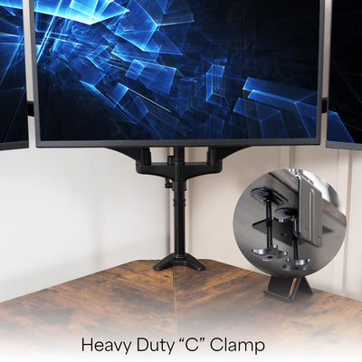 Triple Monitor Height Adjustable Desk Mount, 2 Pneumatic Arms, 1 Fixed, Counterbalance Stand