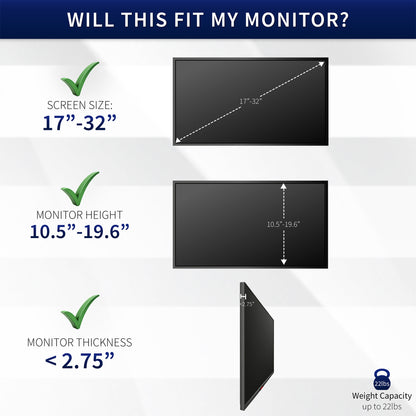 Monitor compatibility chart with dimensions for screen size, height, and thickness.