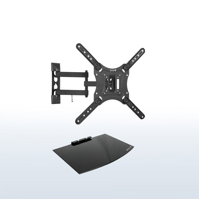 Sturdy TV wall mount with a tempered glass shelf.