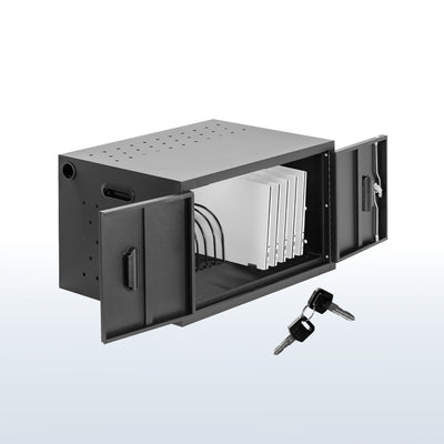 Locking charging station cabinet for 16 devices. Power strip and cable clips make organization easy and ventilation holes and padding provide safe storage. Conveniently place on a flat surface or mount to a wall. Perfect for schools, offices, and more.