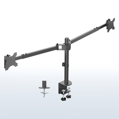 Telescoping Dual Ultrawide Monitor Desk Mount - Up to 45" Screens on a white and blue gradient background