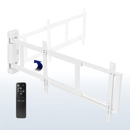 White Electric Swing Wall Mount for 32” to 75” TVs on a blue and white gradient background