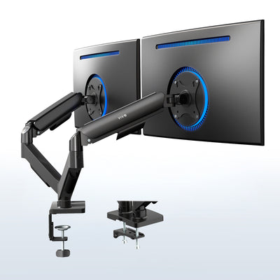 Sturdy adjustable mechanical arm dual monitor ergonomic desk stand for office workstation.