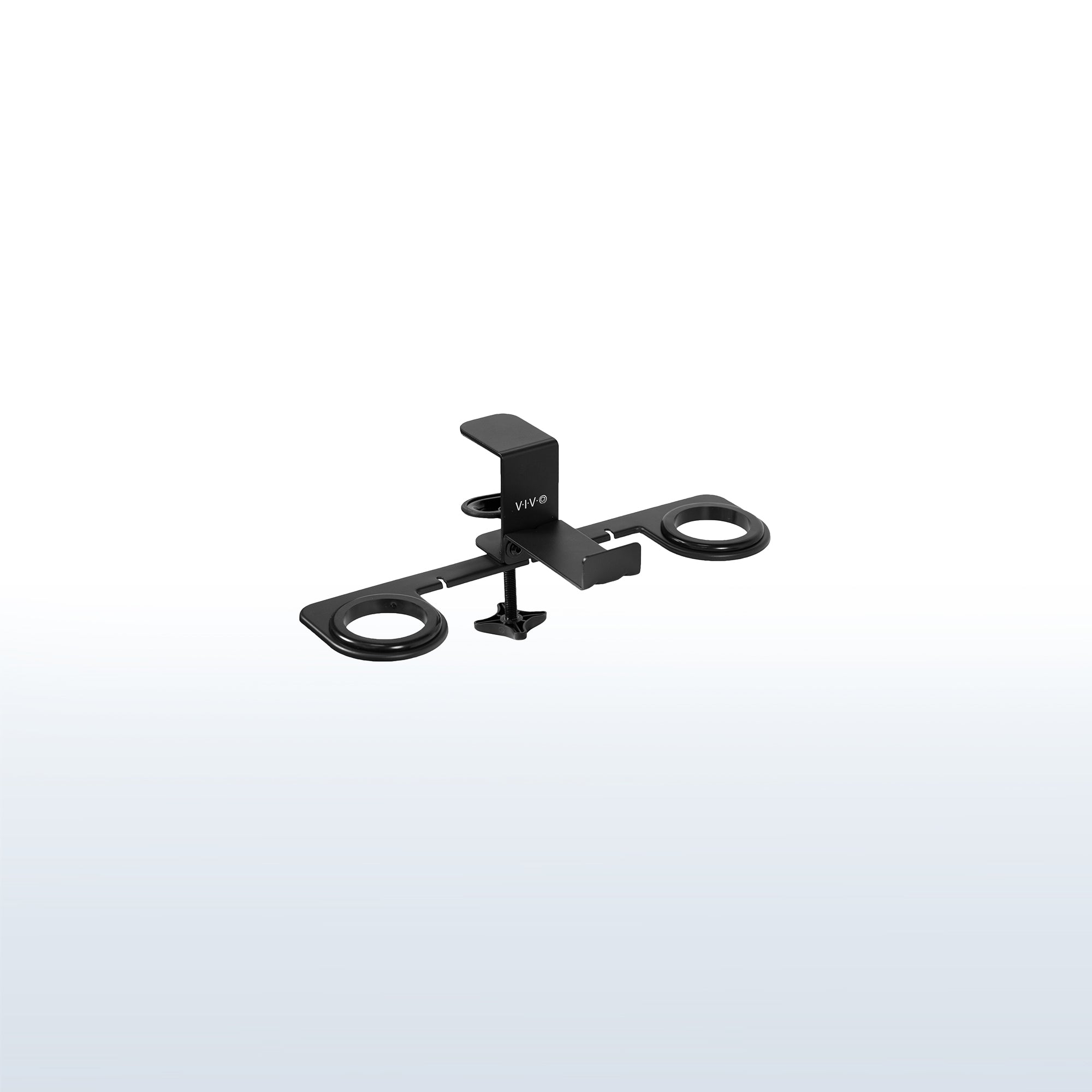 Clamp-on VR headset stand that mounts to desk for storage and convenient access.