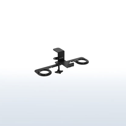 Clamp-on VR headset stand that mounts to desk for storage and convenient access.