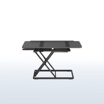 A black tilting keyboard riser with a mouse on top and the ability to adjust the angle of the keyboard surface.