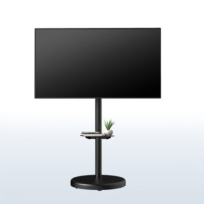 Mobile TV stand with shelf featuring height adjustment, tilt, swivel, rotation, and built-in cable management.