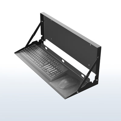 Wall-mounted flip down keyboard tray platform. Low profile design folds up and out of the way when not in use. Velcro included to keep keyboard in place. Fits a standard-sized keyboard and mouse (mouse pad included). Mount to drywall, wood studs, brick, or concrete.