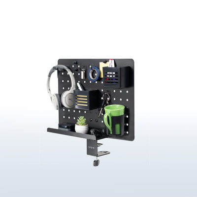 Clamp-on 360-degree rotating pegboard for storage and privacy with accessories included. Double-sided organization panel featuring above or below desk installation and an easy assembly process.