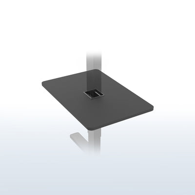 Under desk floating shelf platform that clamps onto desk leg. Provides convenient hidden storage that adjusts with your sit to stand desk.