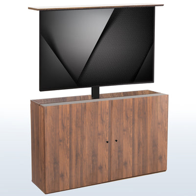 Wooden TV cabinet with a black flat-screen TV on a white background