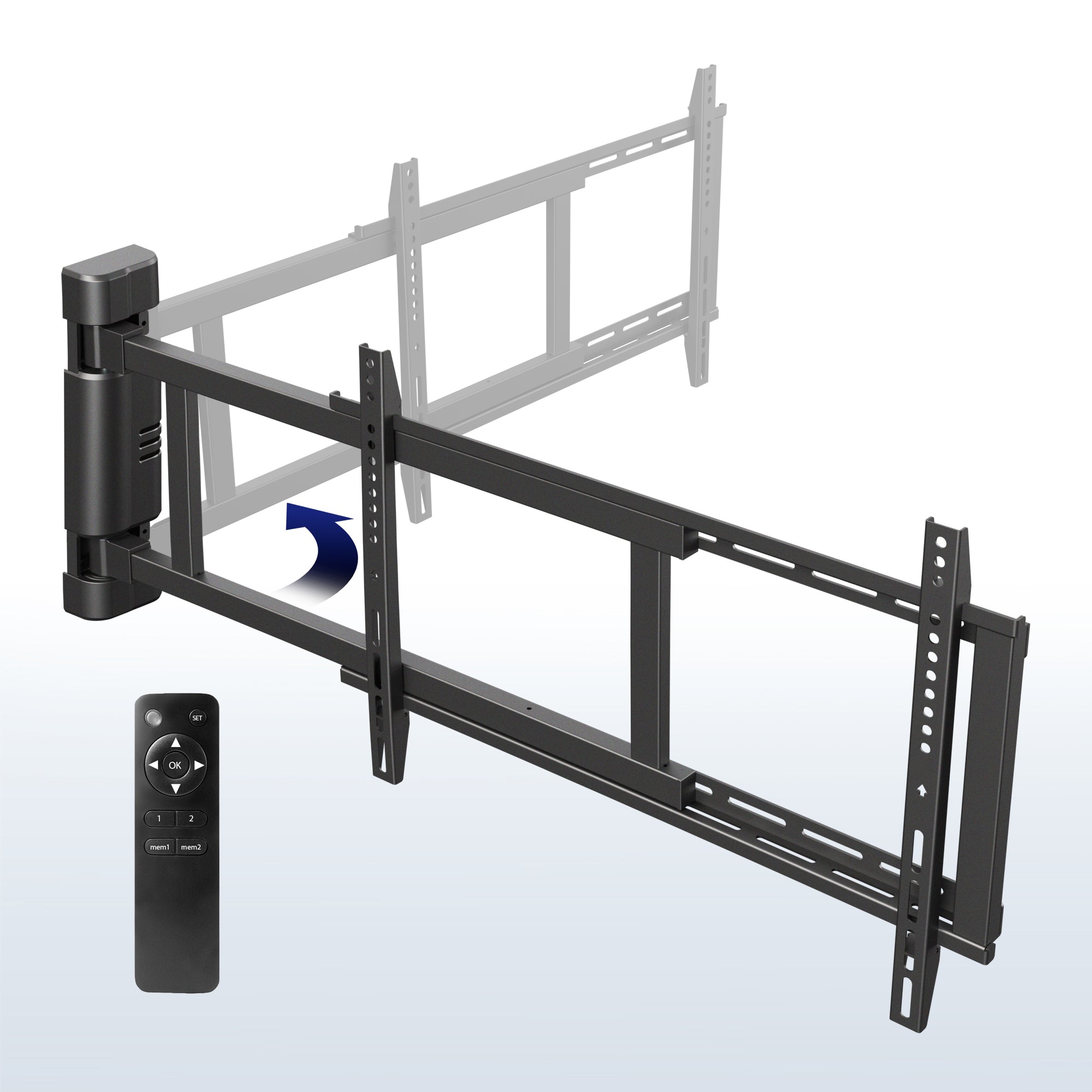 Electric Swing Wall Mount for 32” to 75” TVs on a blue and white gradient background