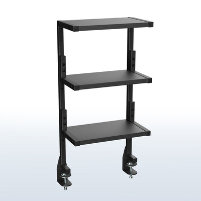 A black 13-inch clamp-on 3-tier shelving unit for desks.