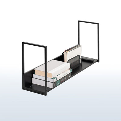 Sleek modern under desk shelf with safety back for flexible convenient storage and organization.