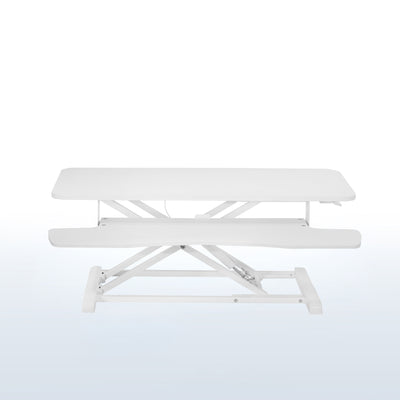 Heavy-duty height adjustable desk converter monitor riser with 2 tiers.