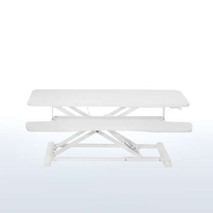 Heavy-duty height adjustable desk converter monitor riser with 2 tiers.