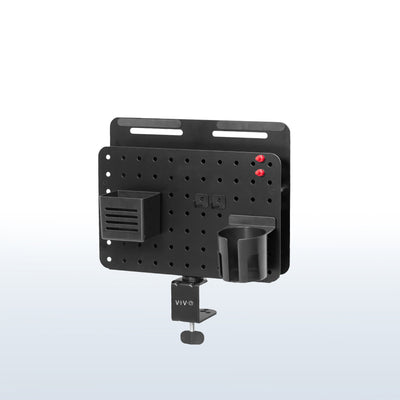 Clamp-on 360-degree rotating pegboard panel with laptop holder for storage and privacy with accessories included. Featuring flexible placement and an easy assembly process.