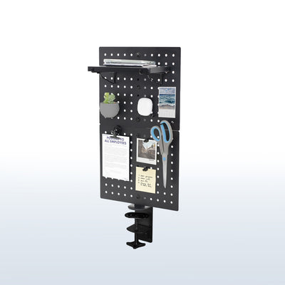 Clamp-on desk pegboard with accessories.