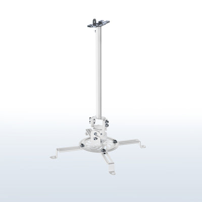A white ceiling mount with scissor clamp designed to support projectors, featuring an adjustable length arm and a circular base.