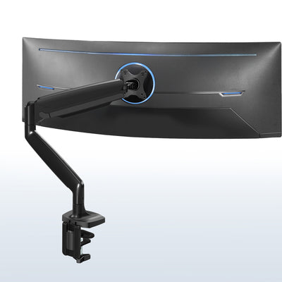 Single ultrawide monitor desk mount arm with a black finish, shown in a clamped position to a desk surface, with adjustments illustrated in a detachable manner.