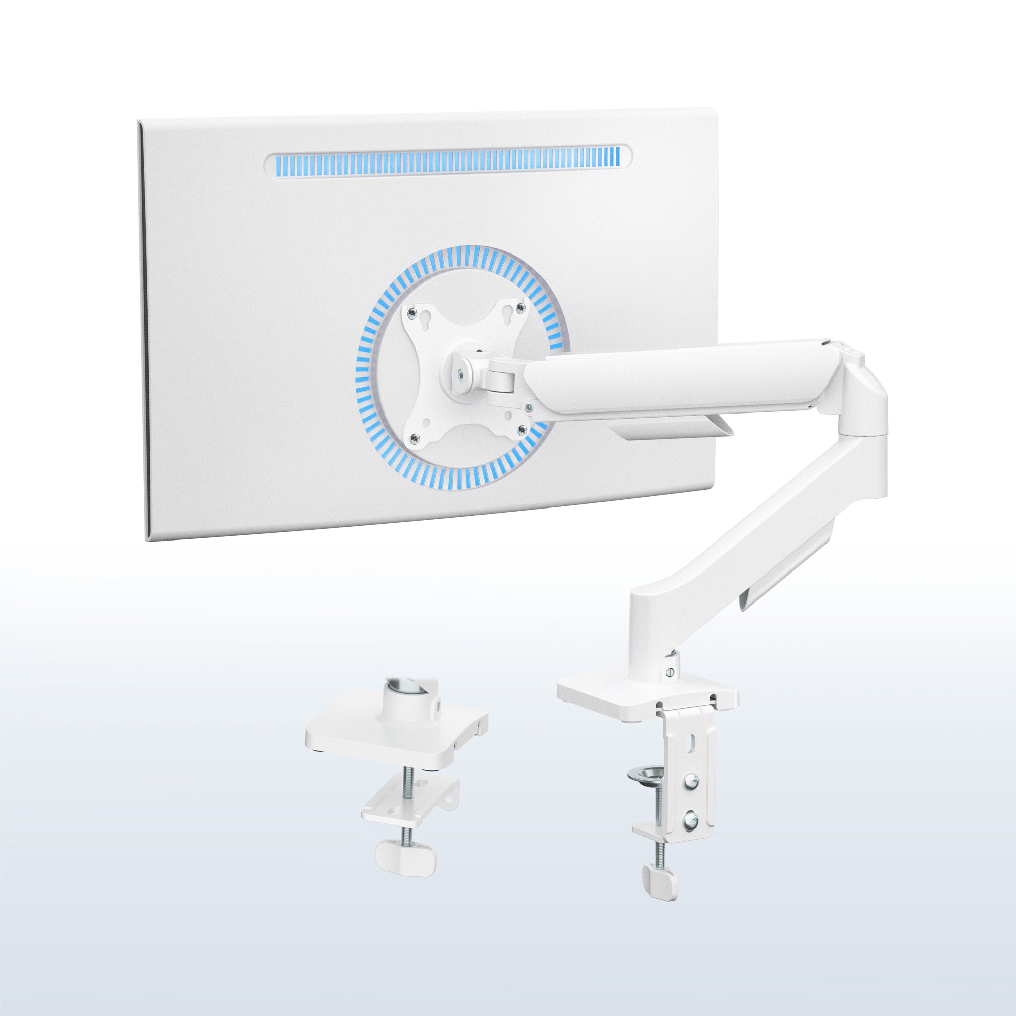 Sturdy clamp-on mechanical arm single monitor desk mount with articulation, height adjustment, and cable management.