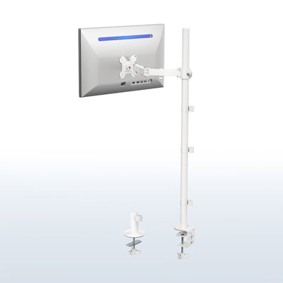 White extra tall desk mount for single monitor provides sit or stand application for the user, flexible viewing angles, and tall screen placement.