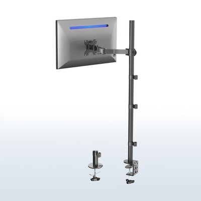 Extra tall desk mount for single monitor provides sit or stand application for the user, flexible viewing angles, and tall screen placement.