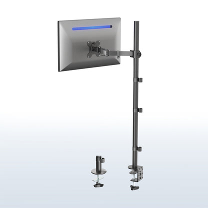 Extra tall desk mount for single monitor provides sit or stand application for the user, flexible viewing angles, and tall screen placement.