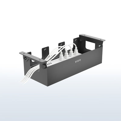 Flip Open Under Desk Cable Management Box on a white and blue gradient background 