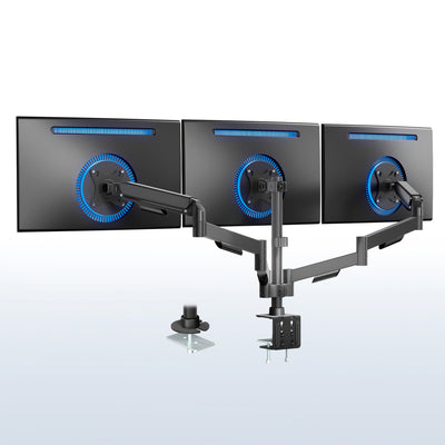 Triple monitor stand with three screens on a white background