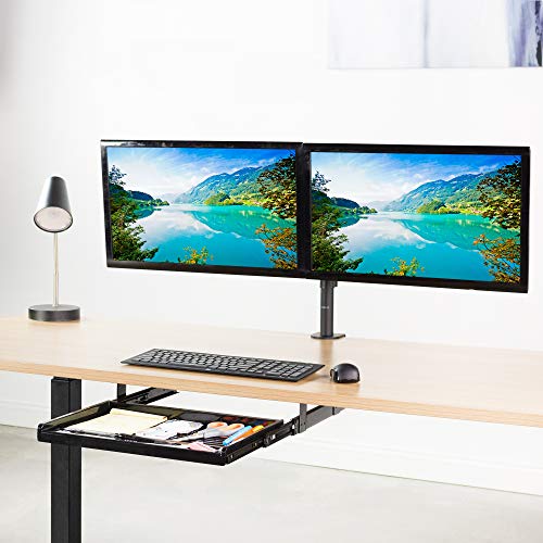 Modern office desk with a pencil drawer and dual monitor mount.